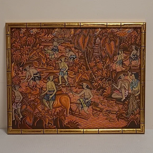 Gold Bamboo Framed Fabric Oriental Art